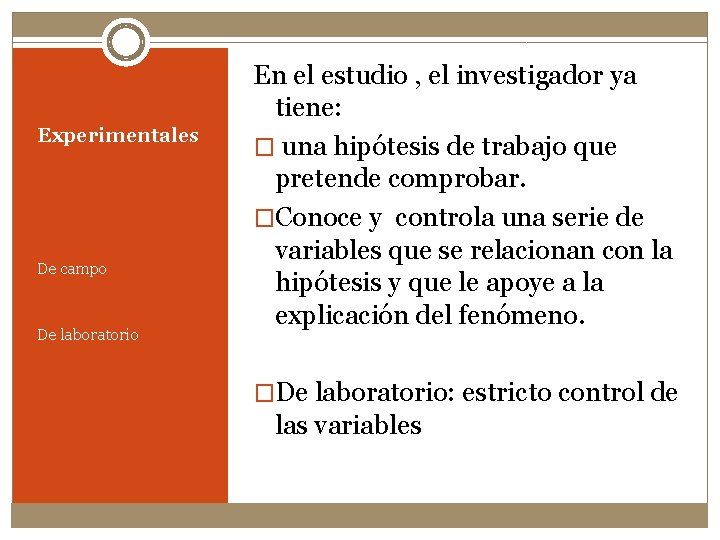 Experimentales De campo De laboratorio En el estudio , el investigador ya tiene: �