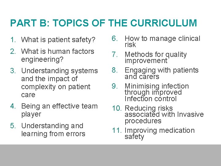 PART B: TOPICS OF THE CURRICULUM 1. What is patient safety? 2. What is