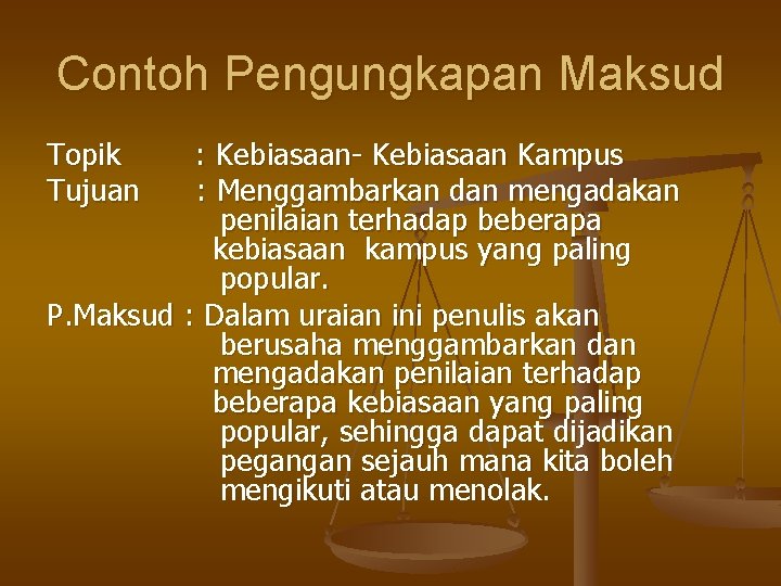 Contoh Pengungkapan Maksud Topik Tujuan : Kebiasaan- Kebiasaan Kampus : Menggambarkan dan mengadakan penilaian