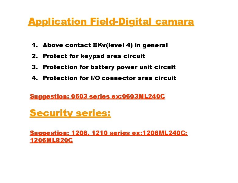 Application Field-Digital camara 1. Above contact 8 Kv(level 4) in general 2. Protect for