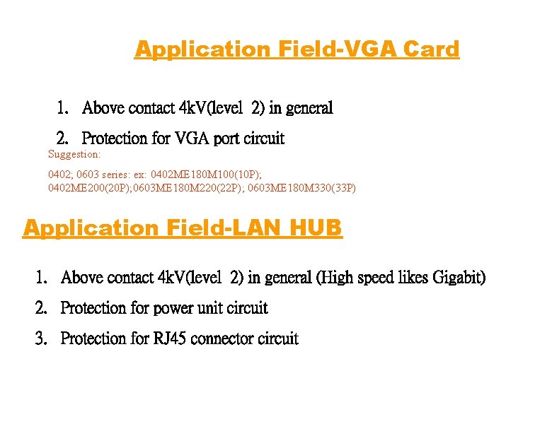 Application Field-VGA Card 1. Above contact 4 k. V(level 2) in general 2. Protection