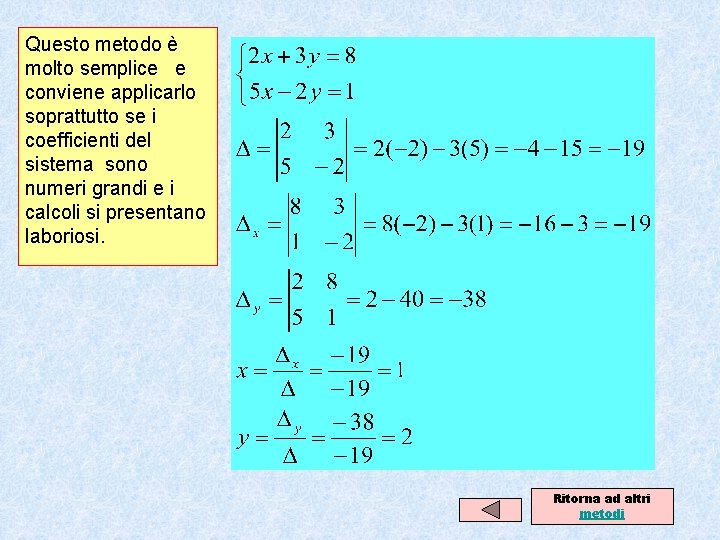 Questo metodo è molto semplice e conviene applicarlo soprattutto se i coefficienti del sistema Questo metodo è molto semplice e conviene applicarlo soprattutto se i coefficienti del sistema