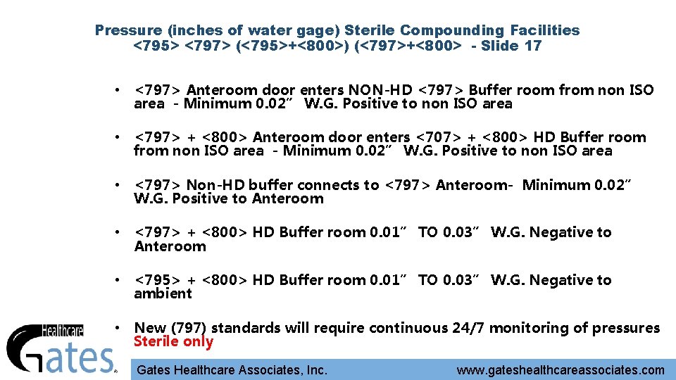 Pressure (inches of water gage) Sterile Compounding Facilities <795> <797> (<795>+<800>) (<797>+<800> - Slide