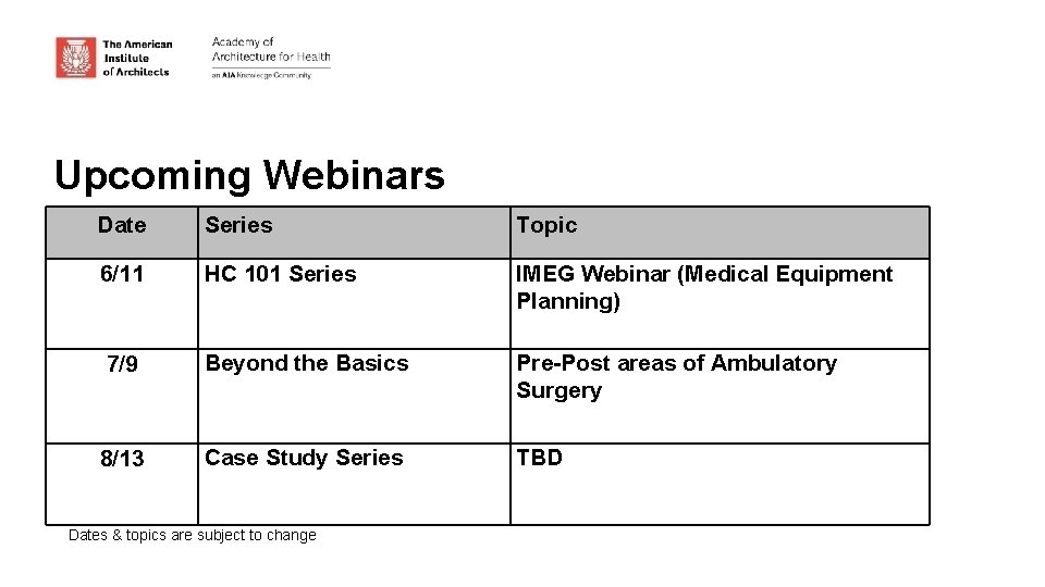 Upcoming Webinars Date Series Topic 6/11 HC 101 Series IMEG Webinar (Medical Equipment Planning)