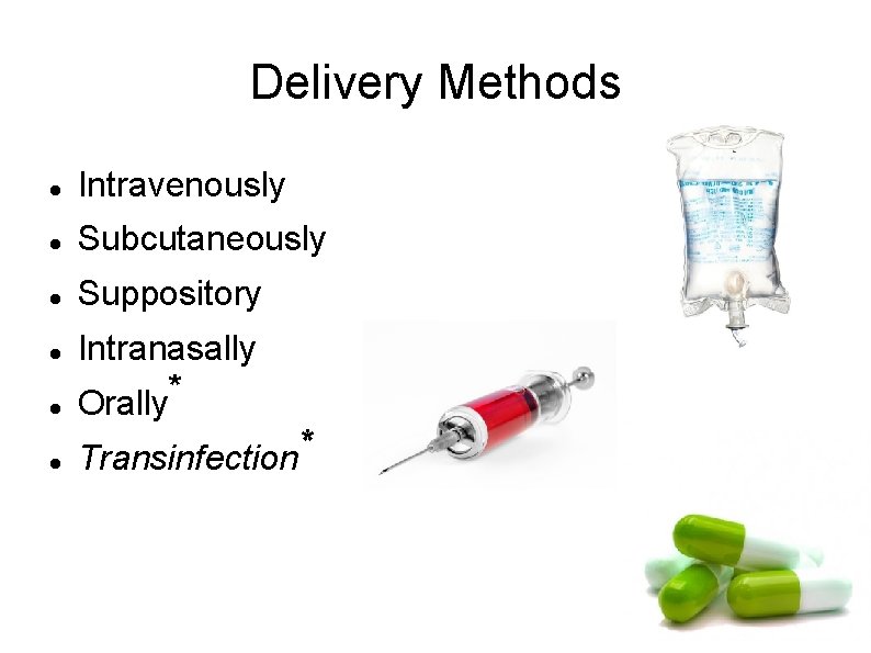 Delivery Methods Intravenously Subcutaneously Suppository Intranasally Orally* * Transinfection 