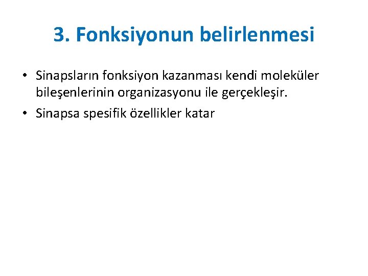 3. Fonksiyonun belirlenmesi • Sinapsların fonksiyon kazanması kendi moleküler bileşenlerinin organizasyonu ile gerçekleşir. • 3. Fonksiyonun belirlenmesi • Sinapsların fonksiyon kazanması kendi moleküler bileşenlerinin organizasyonu ile gerçekleşir. •