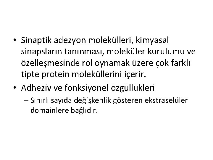 • Sinaptik adezyon molekülleri, kimyasal sinapsların tanınması, moleküler kurulumu ve özelleşmesinde rol oynamak • Sinaptik adezyon molekülleri, kimyasal sinapsların tanınması, moleküler kurulumu ve özelleşmesinde rol oynamak