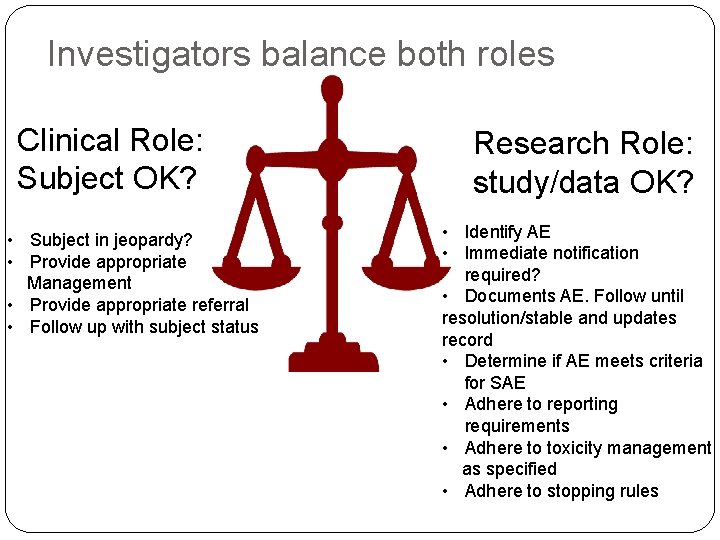 Investigators balance both roles Clinical Role: Subject OK? • Subject in jeopardy? • Provide