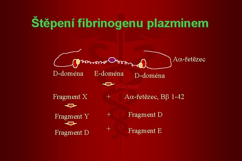 Štěpení fibrinogenu plazminem A -řetězec D-doména E-doména Fragment X D-doména plazmin + A -řetězec,