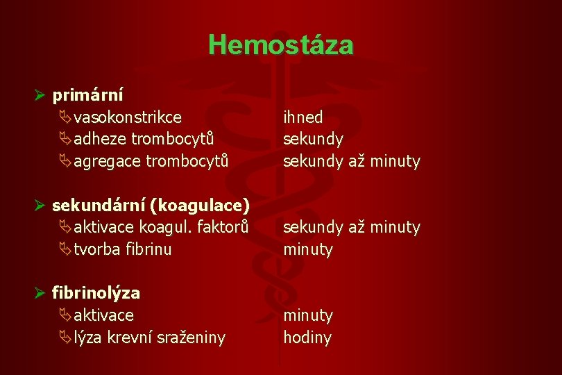 Hemostáza Ø primární Ävasokonstrikce Äadheze trombocytů Äagregace trombocytů ihned sekundy až minuty Ø sekundární