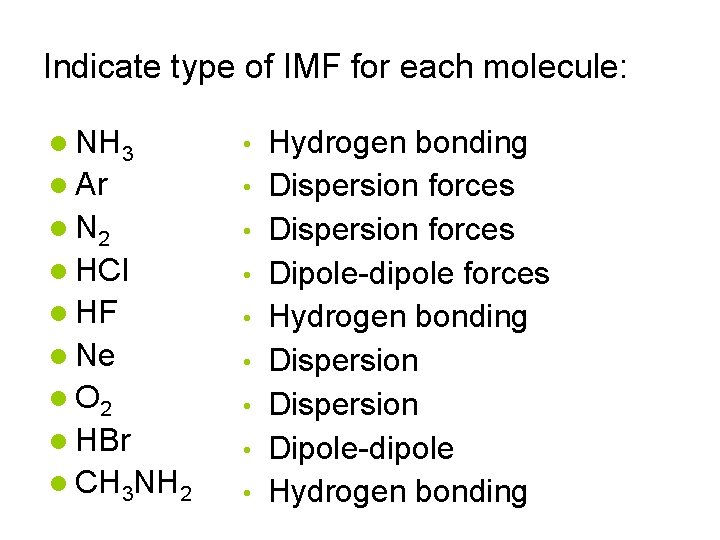 Indicate type of IMF for each molecule: NH 3 • Ar • N 2