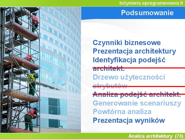 Inżynieria oprogramowania II Podsumowanie Czynniki biznesowe Prezentacja architektury Identyfikacja podejść architekt. Drzewo użyteczności atrybutów