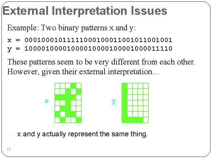 External Interpretation Issues Example: Two binary patterns x and y: x = 000101111100011001001 y