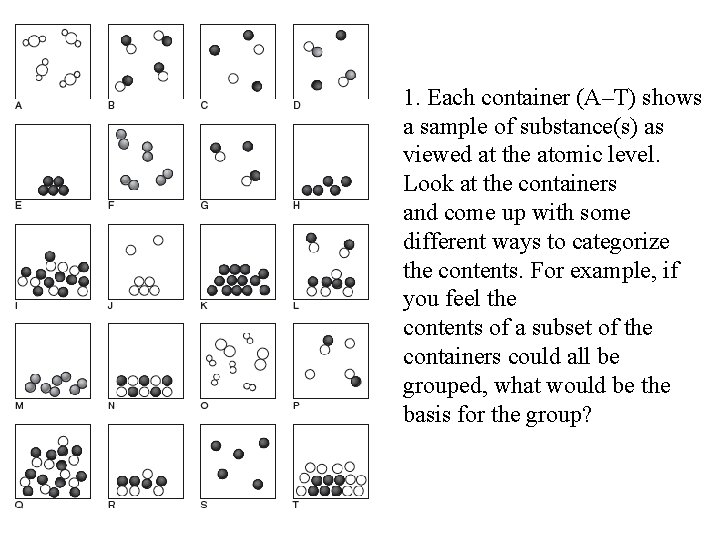 1. Each container (A–T) shows a sample of substance(s) as viewed at the atomic