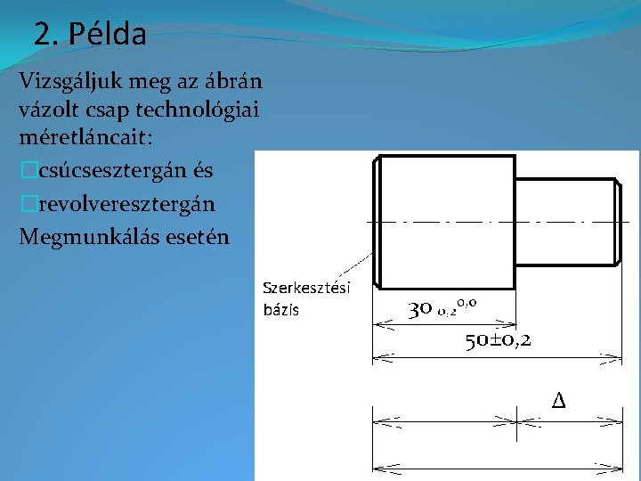 2. Példa Vizsgáljuk meg az ábrán vázolt csap technológiai méretláncait: �csúcsesztergán és �revolveresztergán Megmunkálás