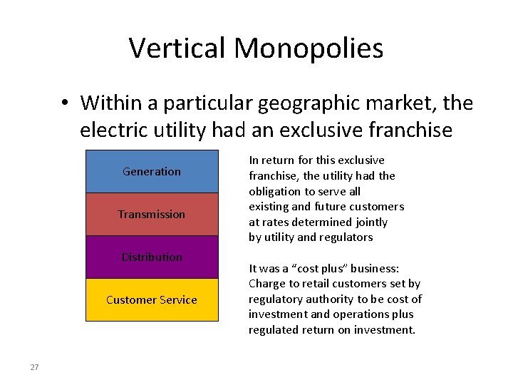 Vertical Monopolies • Within a particular geographic market, the electric utility had an exclusive Vertical Monopolies • Within a particular geographic market, the electric utility had an exclusive