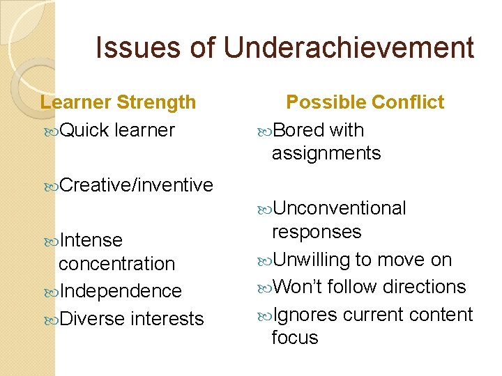 Issues of Underachievement Learner Strength Quick learner Possible Conflict Bored with assignments Creative/inventive Unconventional Issues of Underachievement Learner Strength Quick learner Possible Conflict Bored with assignments Creative/inventive Unconventional
