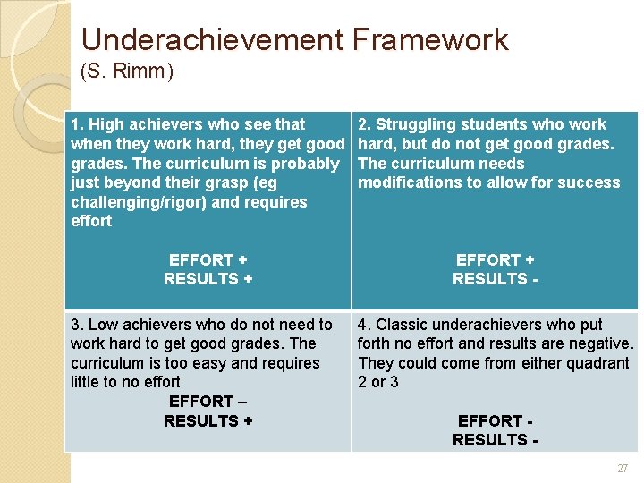 Underachievement Framework (S. Rimm) 1. High achievers who see that when they work hard, Underachievement Framework (S. Rimm) 1. High achievers who see that when they work hard,