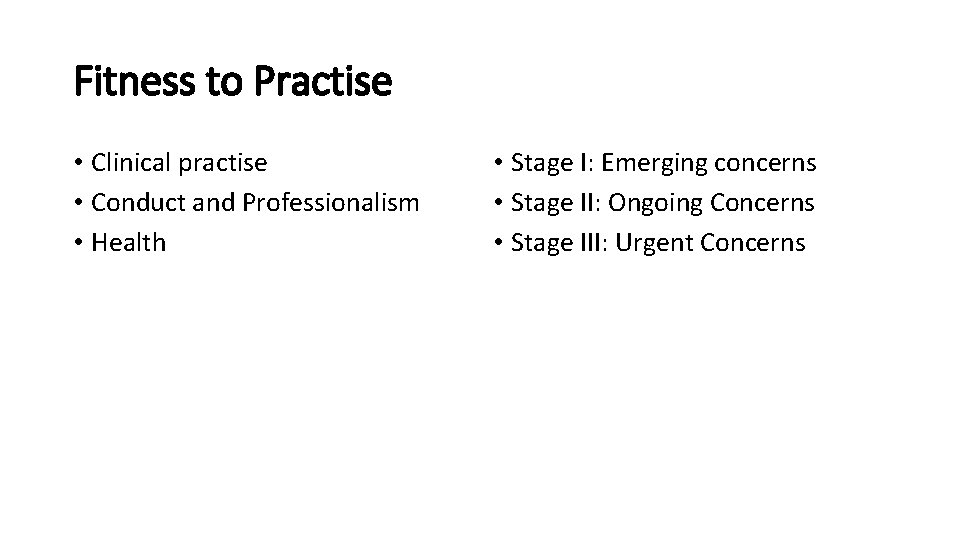 Fitness to Practise • Clinical practise • Conduct and Professionalism • Health • Stage