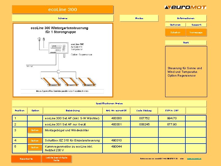 eco. Line 300 Schema Photos Informationen Optionen Support Zubehör homepage Text Steuerung für Sonne eco. Line 300 Schema Photos Informationen Optionen Support Zubehör homepage Text Steuerung für Sonne
