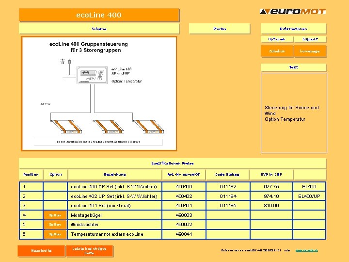 eco. Line 400 Schema Photos Informationen Optionen Support Zubehör homepage Text Steuerung für Sonne eco. Line 400 Schema Photos Informationen Optionen Support Zubehör homepage Text Steuerung für Sonne