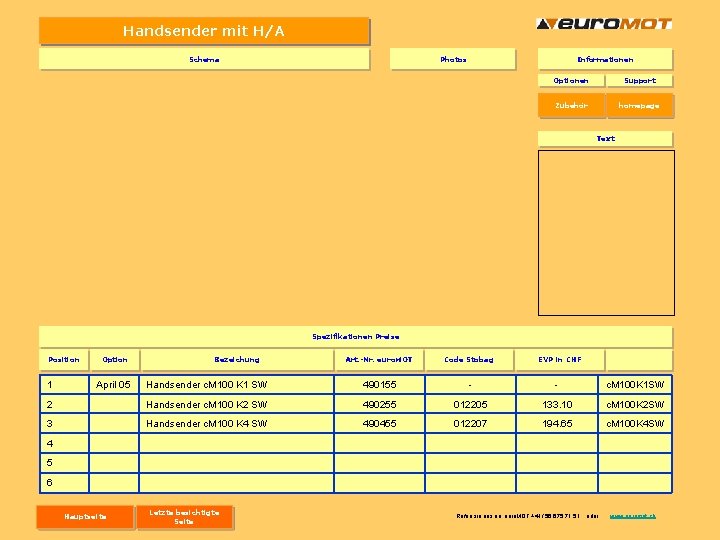 Handsender mit H/A Schema Photos Informationen Optionen Support Zubehör homepage Text Spezifikationen Preise Art. Handsender mit H/A Schema Photos Informationen Optionen Support Zubehör homepage Text Spezifikationen Preise Art.