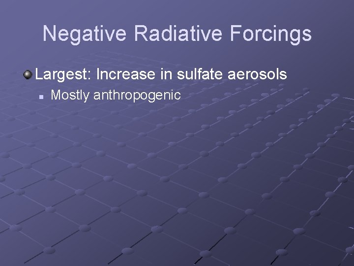 Negative Radiative Forcings Largest: Increase in sulfate aerosols n Mostly anthropogenic Negative Radiative Forcings Largest: Increase in sulfate aerosols n Mostly anthropogenic