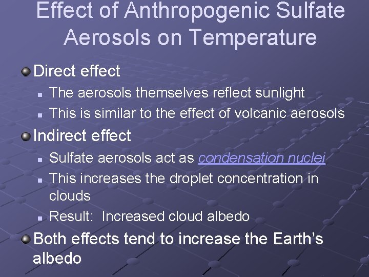 Effect of Anthropogenic Sulfate Aerosols on Temperature Direct effect n n The aerosols themselves Effect of Anthropogenic Sulfate Aerosols on Temperature Direct effect n n The aerosols themselves