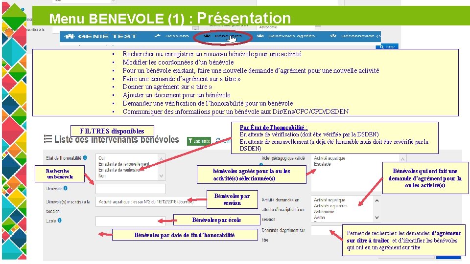 Menu BENEVOLE (1) : Présentation • • Recher ou enregistrer un nouveau bénévole pour