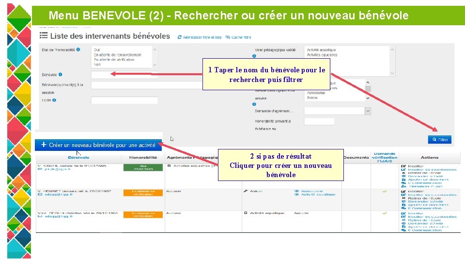 Menu BENEVOLE (2) - Recher ou créer un nouveau bénévole 1 Taper le nom