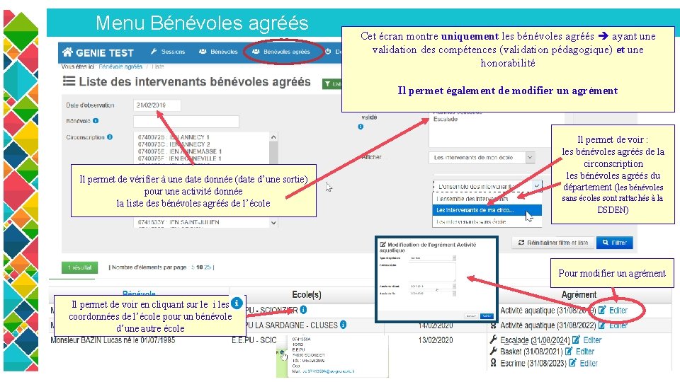 Menu Bénévoles agréés Cet écran montre uniquement les bénévoles agréés ayant une validation des