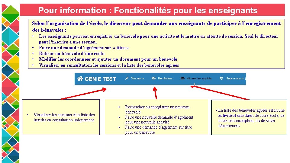 Pour information : Fonctionalités pour les enseignants Selon l’organisation de l’école, le directeur peut