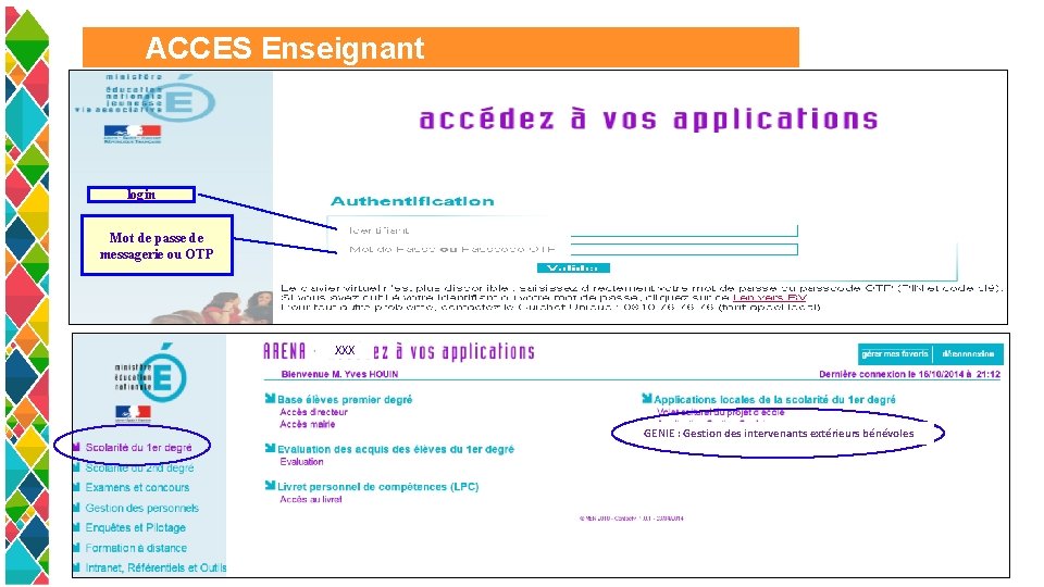 ACCES Enseignant login Mot de passe de messagerie ou OTP XXX GENIE : Gestion