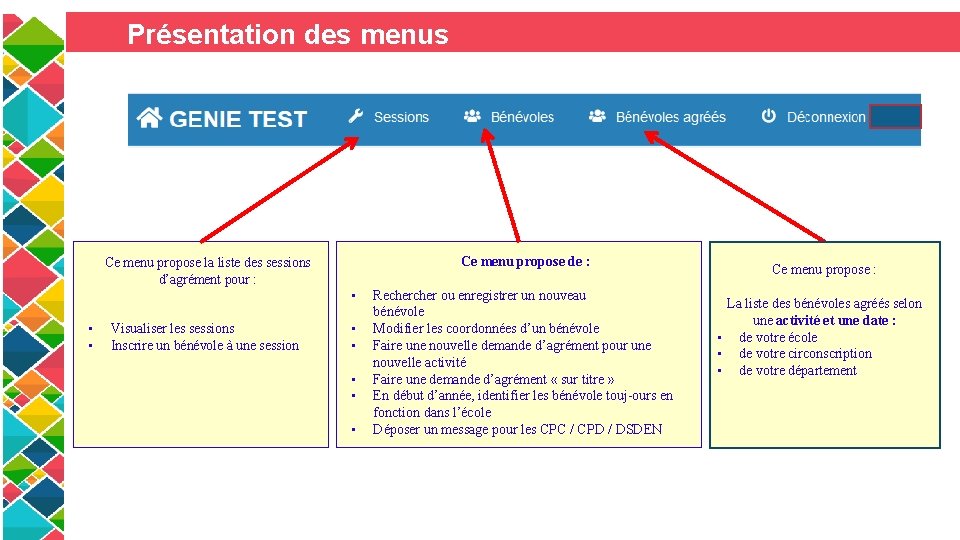 Présentation des menus Ce menu propose la liste des sessions d’agrément pour : •