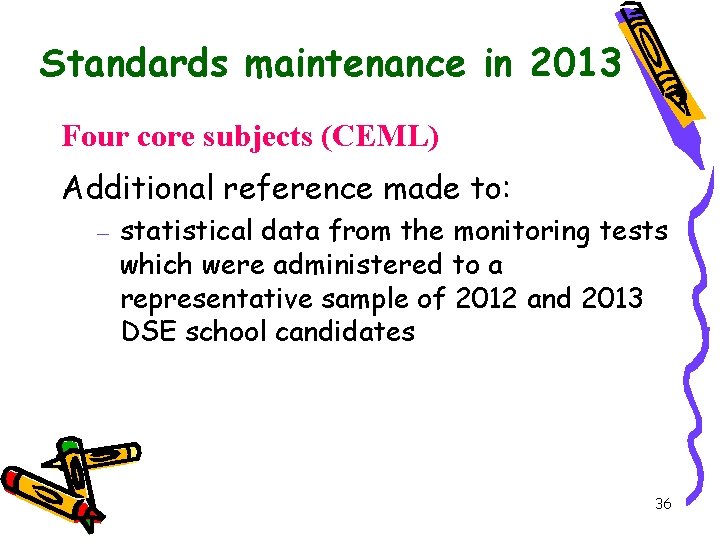 Standards maintenance in 2013 Four core subjects (CEML) Additional reference made to: – statistical
