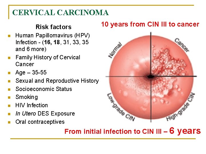 CERVICAL CARCINOMA Risk factors n n n n n 10 years from CIN III