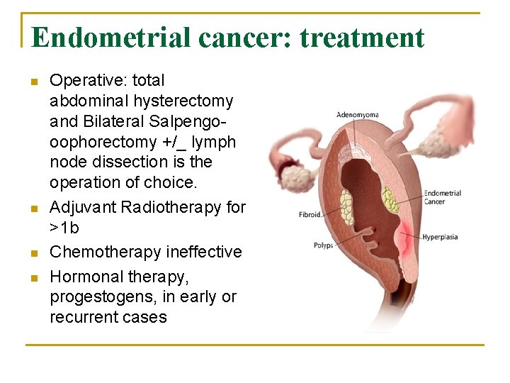 Endometrial cancer: treatment n n Operative: total abdominal hysterectomy and Bilateral Salpengooophorectomy +/_ lymph