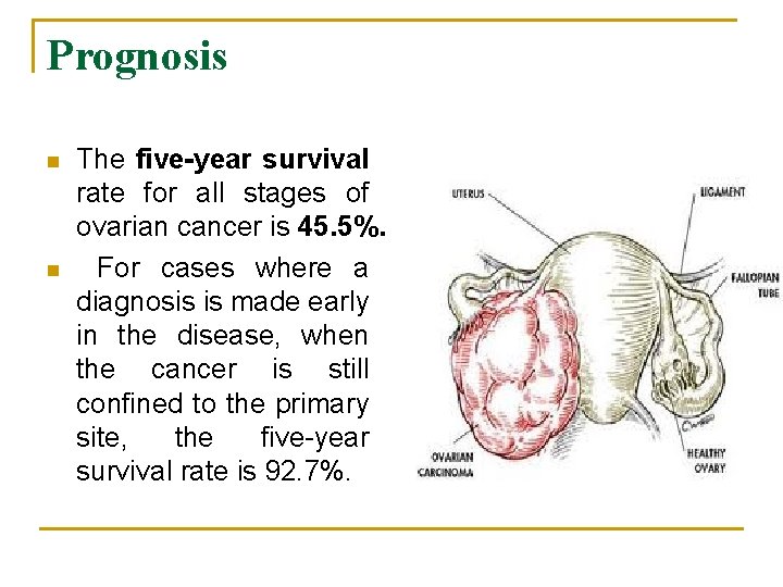 Prognosis n n The five-year survival rate for all stages of ovarian cancer is