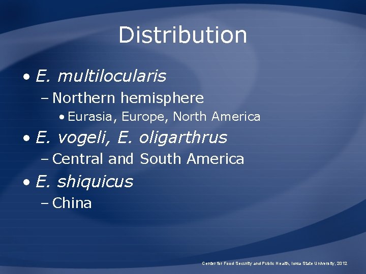 Distribution • E. multilocularis – Northern hemisphere • Eurasia, Europe, North America • E.