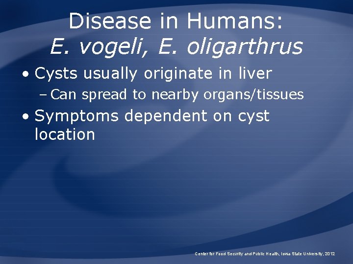 Disease in Humans: E. vogeli, E. oligarthrus • Cysts usually originate in liver –