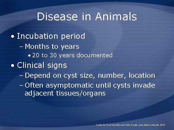 Disease in Animals • Incubation period – Months to years • 20 to 30