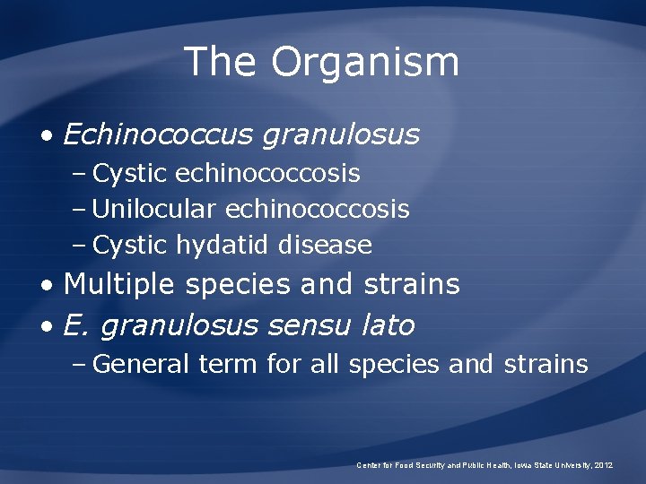 The Organism • Echinococcus granulosus – Cystic echinococcosis – Unilocular echinococcosis – Cystic hydatid