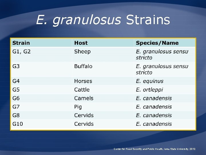 E. granulosus Strains Center for Food Security and Public Health, Iowa State University, 2012