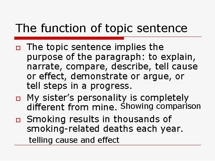 The function of topic sentence o o o The topic sentence implies the purpose