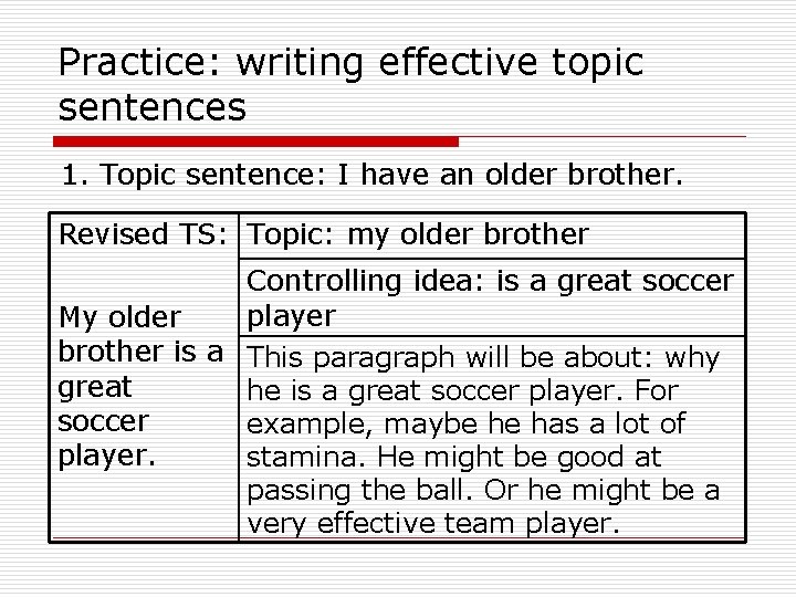 Practice: writing effective topic sentences 1. Topic sentence: I have an older brother. Revised