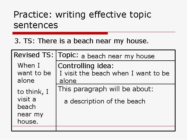 Practice: writing effective topic sentences 3. TS: There is a beach near my house.
