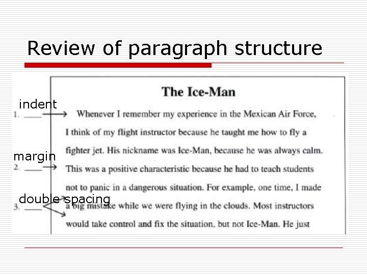 Review of paragraph structure indent margin double spacing 