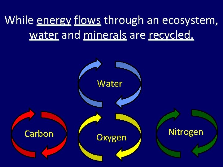 While energy flows through an ecosystem, water and minerals are recycled. Water Carbon Oxygen While energy flows through an ecosystem, water and minerals are recycled. Water Carbon Oxygen