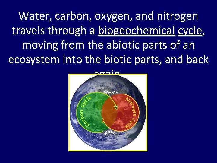Water, carbon, oxygen, and nitrogen travels through a biogeochemical cycle, moving from the abiotic Water, carbon, oxygen, and nitrogen travels through a biogeochemical cycle, moving from the abiotic