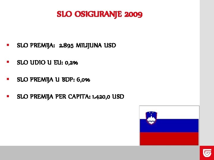 SLO OSIGURANJE 2009 § SLO PREMIJA: 2. 895 MILIJUNA USD § SLO UDIO U